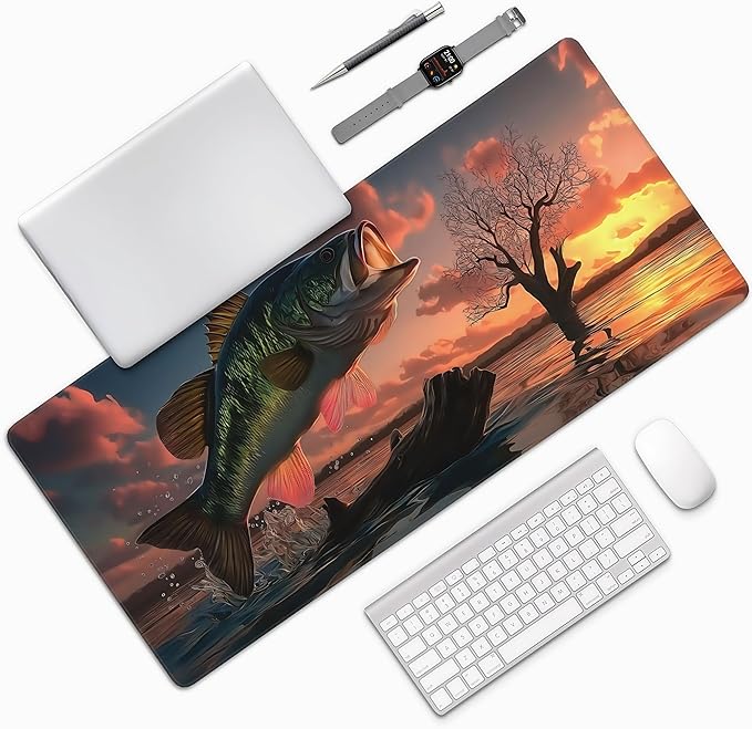 Large Gaming Mouse Pad with Bass Fish Sunset Design, Non-Slip Rubber Base, Stitched Edges, Extended Size 35.4 x 15.8 inches