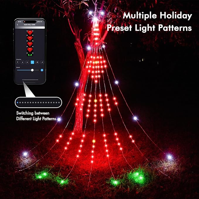 Outdoor Christmas Decorations, 12FT Smart RGB Color Changing Christmas Hanging Waterfall String Lights, APP Remote Control, DIY Multi-Color Lightshow, Music Sync, Outside Xmas Lights Decor