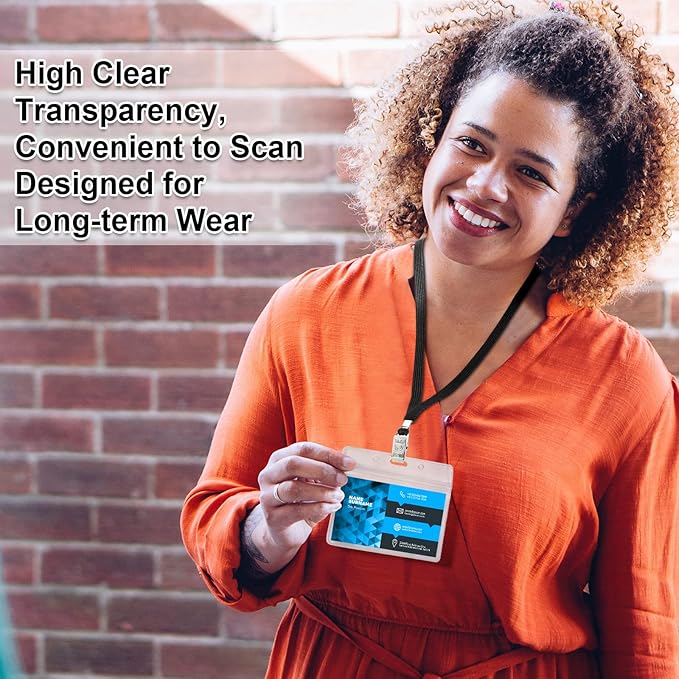 Marspark 100 Sets Clear Name Tags with Lanyard, Lanyards for ID Badges Reusable Strap with ID Holder Plastic Name Badges for Adults Business School Church Conference (Black)