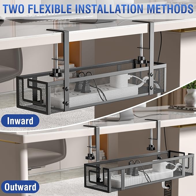 Under Desk Cable Management Tray - GZOKMOG No Drill Cord Organizer with Clamp, Reinforced Metal Mesh Workspace Organizers for Wire, Office Desk Accessories, 2 Pack Black, 15.75 inch