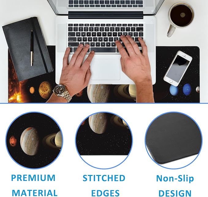 Mouse Pad,Solar System Planet Desk Mat for Desktop,Desk Pad with Non-Slip Base and Stitched Edge,Extended Mousepad for Office and Home 35.4X15.7 Inch