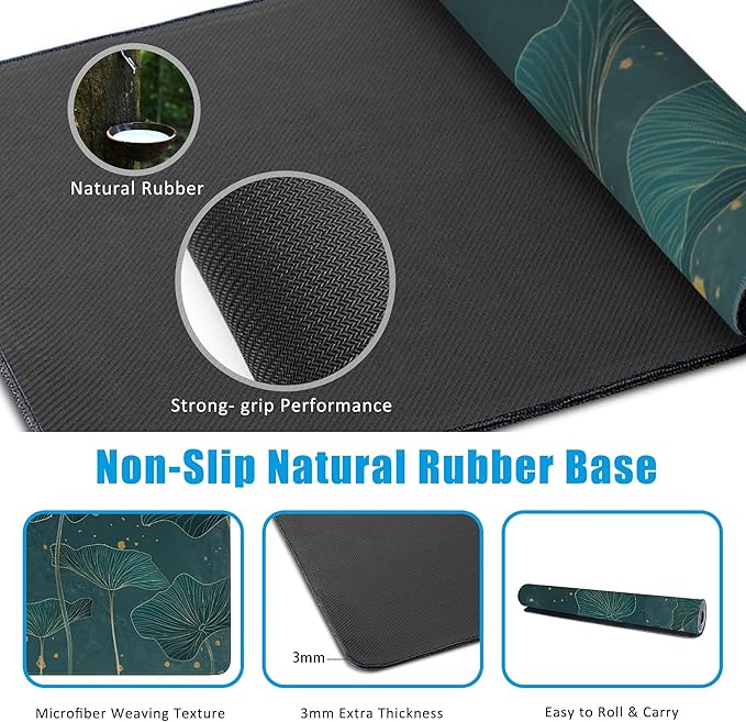 Mouse Pad,Lotus Leaves in Gold Line Desk Mat for Desktop,Desk Pad with Non-Slip Base and Stitched Edge,Extended Mousepad for Office and Home 35.4X15.7 Inch