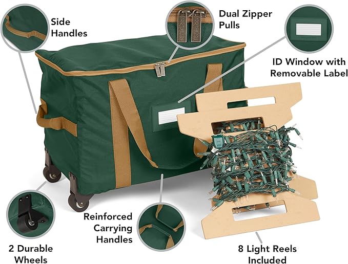 Covermates Keepsakes Rolling Christmas Light Storage Bag - Carrying Handles, ID Window, Dual Wheels - Holiday Storage, Green