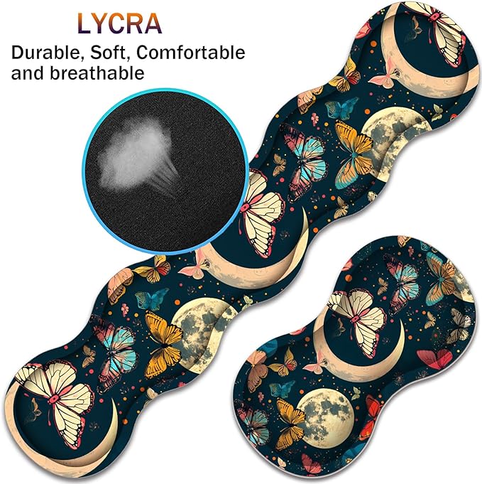 Large XXL Gaming Desk Mat 31.5"x 11.8", Ergonomic Keyboard Wrist Rest & Mouse Pad Wrist Rest + Coaster Set, Non-Slip Base, Memory Foam, Office and Home, Moon Butterfly