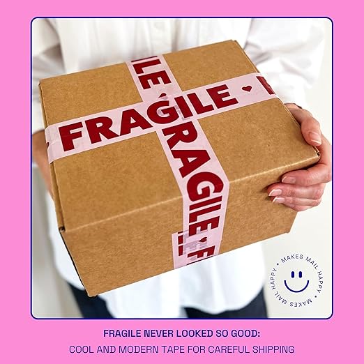 2 Rolls Fragile Packing Tape + Dispenser, Pink Burgundy Heart Cute Designer Packaging and Shipping Supplies for Small Business, 1.88" x 110 Yards (330 feet), Two 55 Yard Rolls