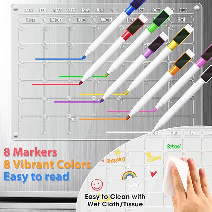 Magnetic Acrylic Calendar for Fridge Refrigerator Monthly Dry Erase Board w/ 8 Markers & Magnetic Pen Holder, Organic Glass Clear Planning Whiteboard Workout Board Meal Planner Magnetic 16x12''