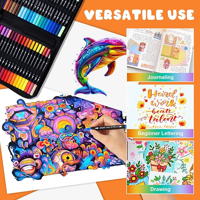 Nicecho 72 Colors Dual Tip Art Markers Pens for Adult Coloring Books, Brush and Fine Tip Coloring Marker for Drawing Journaling Note Taking Lettering