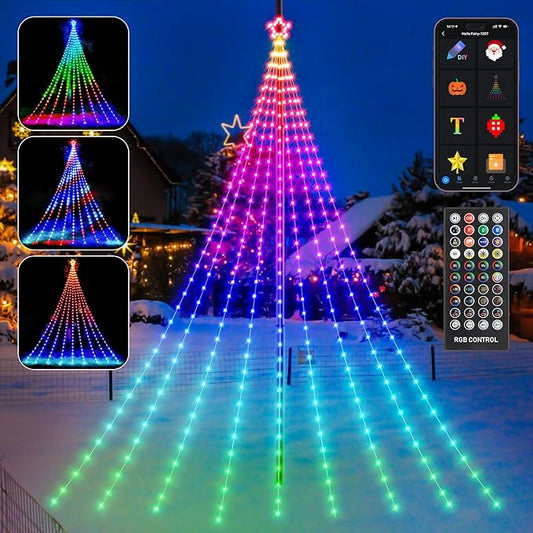 Outdoor Christmas Decorations, 23FT Smart RGB Color Changing Christmas Hanging Waterfall String Lights, APP Remote Control, DIY Multi-Color Lightshow, Music Sync, Outside Xmas Lights Decor