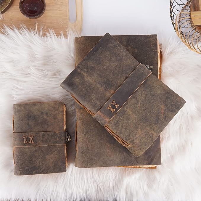 LEATHER VILLAGE Leather Bound Vintage Journal for Women & Men - Book of Shadows - Lock Closure - 200 Pages of Antique Deckle Edges Handmade Paper - Rustic Brown Color - 7 X 5 inches