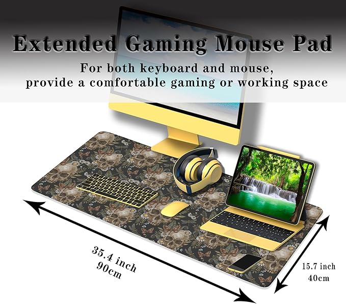 Large Mouse Pad Laptop Deskmat Computer Mats Desk Mats for Men Gaming Mouse Pad Long Desk Pad Waterproof Non-Slip Rubber Base 35.4 X 15.7 for Game Office, Vintage Floral Skull