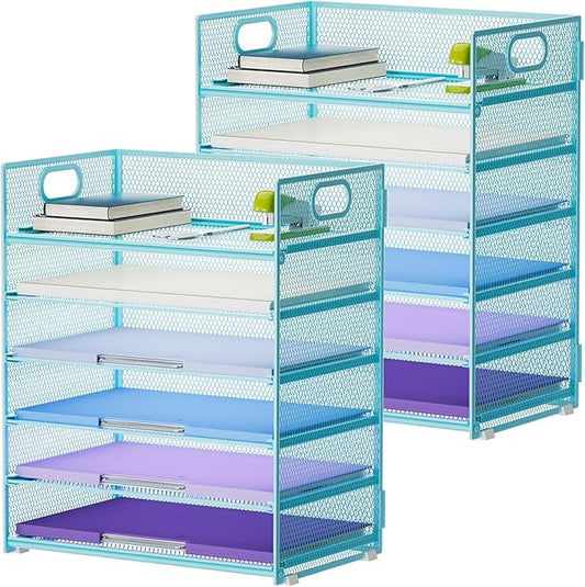 Marbrasse 2 Pack Desk Organizer with Handle, 6 Tier Paper Letter Tray, Mesh Desk File Organizer for Office, School and Home - Blue