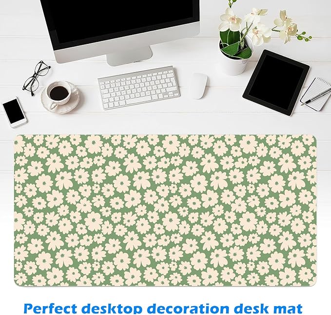 MAYCARI Kawaii Green Flower Extended Gaming Mouse Pad Large, 31.5"X15.7" Big Mouse Pad with Non-Slip Base Long Computer Keyboard Mouse Mat for Home Office Work
