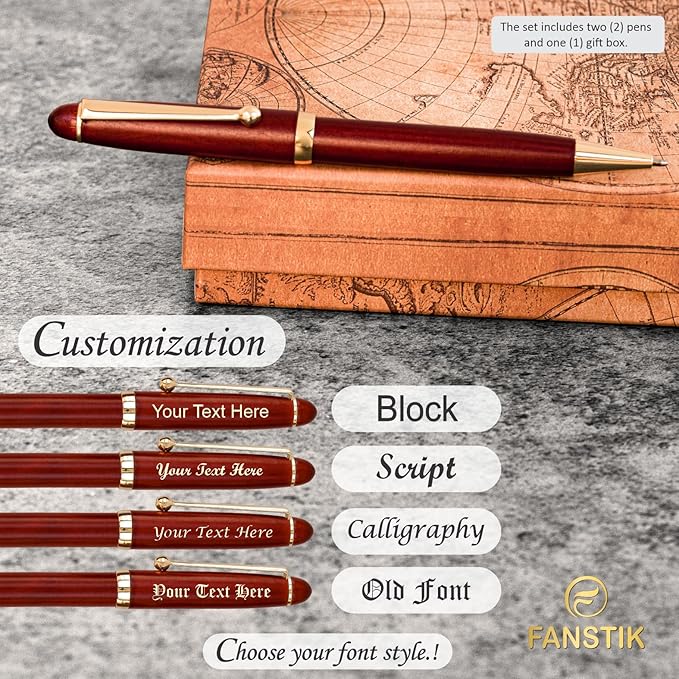 Customized Cherrywood Double Ballpoint Pen Set with Name (MADE IN USA), with Wooden Gift Box, Personalized Gift for Men and Women (BallPoint CherryWood Set)
