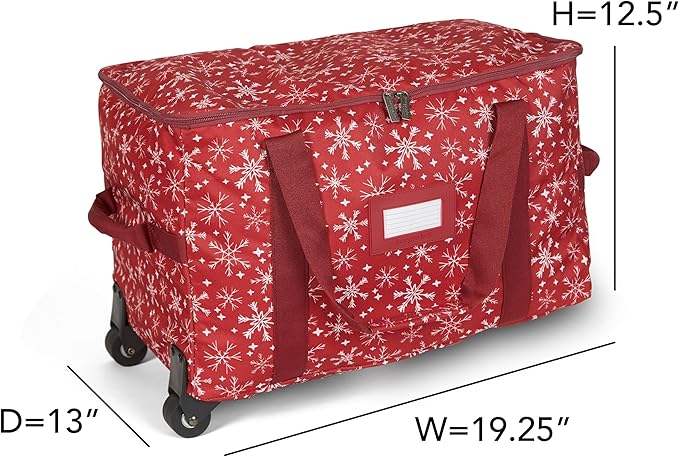 Covermates Keepsakes Rolling Christmas Light Storage Bag - Carrying Handles, ID Window, Dual Wheels - Holiday Storage, Red Snowflake