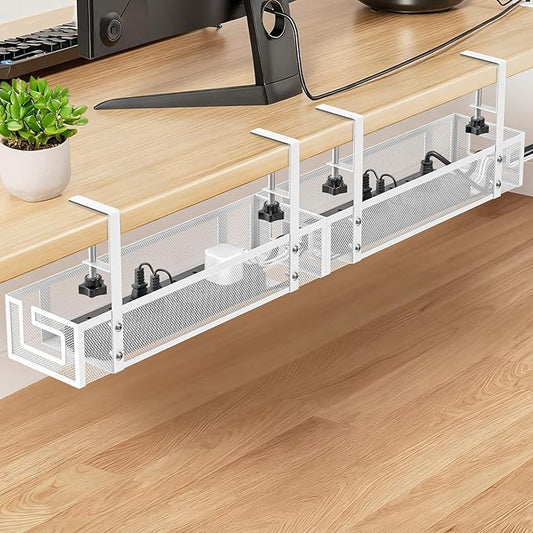 Under Desk Cable Management Tray - GZOKMOG No Drill Cord Organizer with Clamp, Reinforced Metal Mesh Workspace Organizers for Wire, Office Desk Accessories, 2 Pack White, 15.75 inch