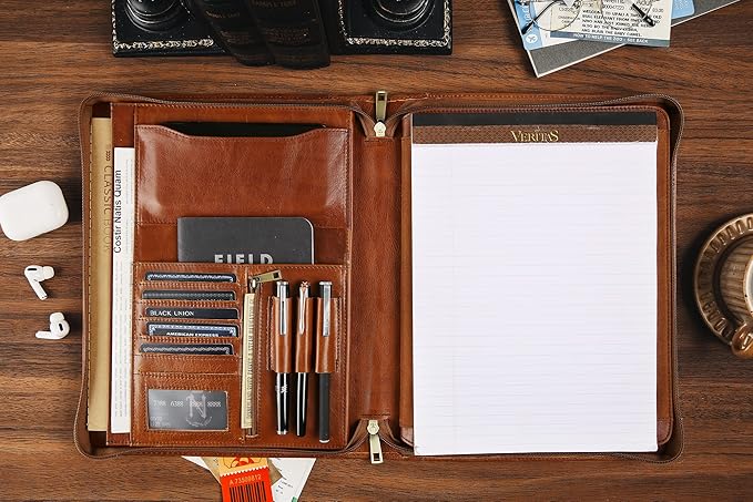 Leather Portfolio for 12.9 inch iPad Pro (2018/2020/2021/2022), Leather Padfolio Organizer with Ipad Holder for Letter Size Notepad, Personalized Portfolio for Men/Women (Brown, Non-Custom)