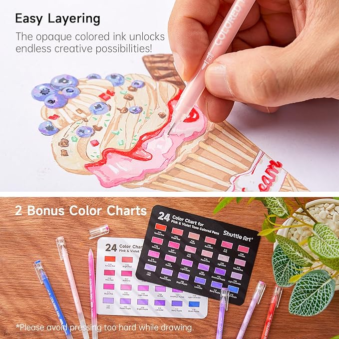 Shuttle Art Colored Pens, 24 Pink & Purple Tone Colors Cute Journal Pens 0.6mm Fine Point Colored Gel Pens for Black Paper Adult Coloring Writing Drawing Journaling Note Taking School Office Home