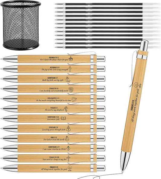 12 PCS Bamboo Bible Design Pens with Inspiring Text, Pen Set with 12 Ink Refills & 1 Black Pen Holder, Smooth Black Ink Ballpoint Pens for Church Staff, Gift for Women & Men