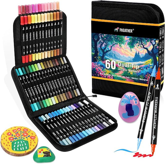 60 Colors Acrylic Paint Markers, Dual Tip with Fine Tip and Brush Tip Pens for Stone, Wood, Calligraphy, Canvas, Ceramic, Metal, Glass, Rock Painting, DIY Crafts Art Supplies Kit