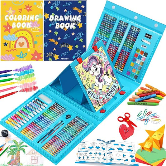 All in One Art Supplies, Art Kit Includes Easel, Origami Paper, Colored Pencils, Crayons, Drawing Book, Coloring Book, Watercolor Pens, Markers and Oil Pastels, Gifts for Girls Boys Teens, Blue