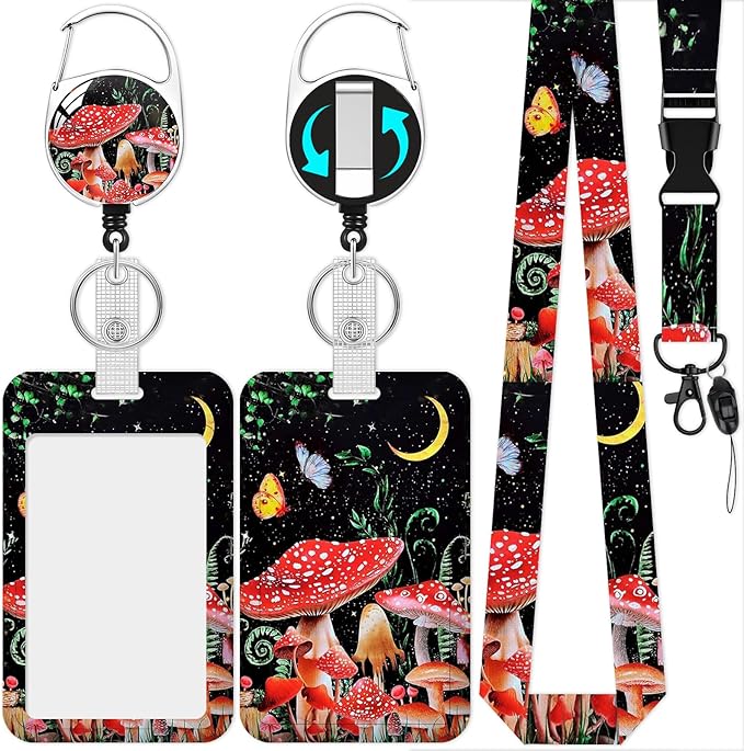 Mushroom Lanyards with Id Holder, Butterfly Moon ID Badge Holder with Retractable Lanyard, ID Holder with Badge Reel Clips, Name Tag ID Card Holder Teacher Women Doctor Office Gift