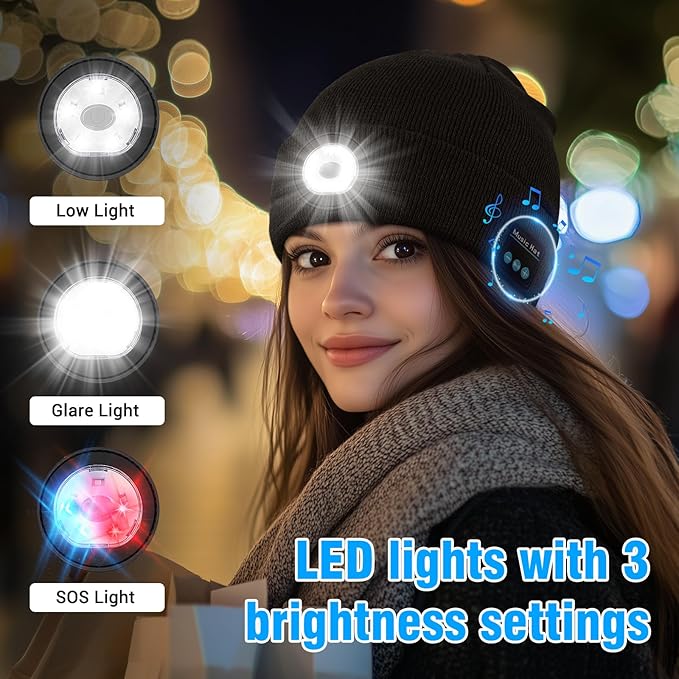 Bluetooth Beanie with Light, Headlamp Hat with Headphones and Built-in Speaker Mic, Unique Christmas Gifts for Men Husband