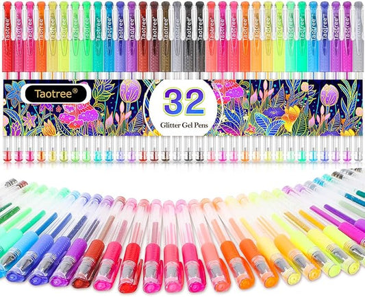 Taotree Glitter Gel Pens, 32 Colors Neon Glitter Pens Fine Tip Art Markers Set 40% More Ink Colored Gel Marker for Adult Coloring Book, Drawing Art Supplies, Scrapbook, Journaling, Sparkle Gifts