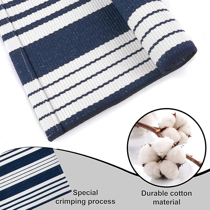 OJIA Blue and White Outdoor Rug 3’x5‘ Cotton Woven Christmas Striped Front Porch Rug Machine Washable Indoor Outdoor Rugs Farmhouse Entry Rug Layered Door Mat for Entryway/Kitchen/Laundry/Living Room