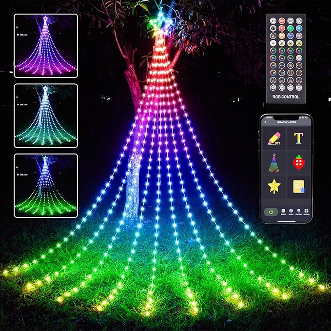 Outdoor Christmas Decorations, 12FT Smart RGB Color Changing Christmas Hanging Waterfall String Lights, APP Remote Control, DIY Multi-Color Lightshow, Music Sync, Outside Xmas Lights Decor