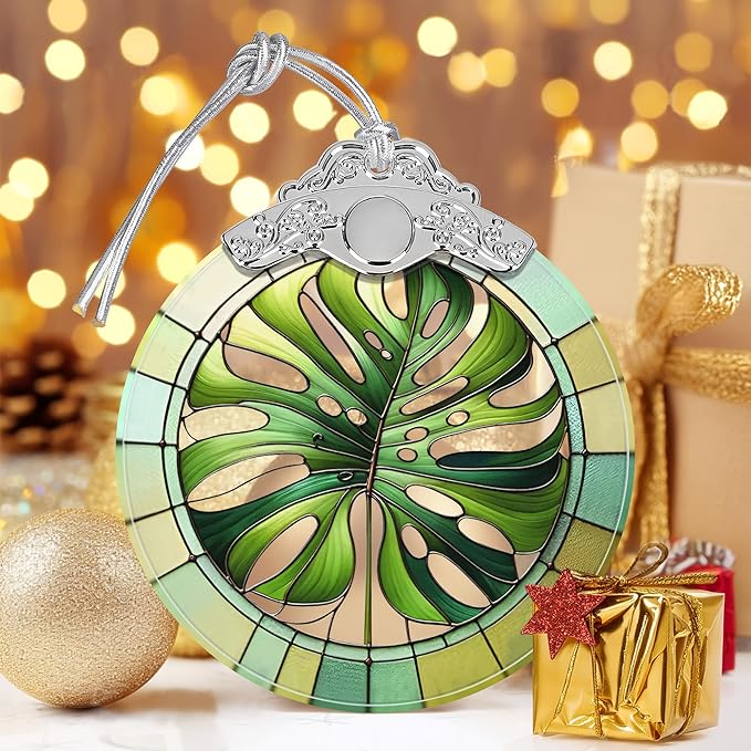 Monstera Leaf Stained Glass Ornament - Christmas Tree Decorations, Holiday Presents, Gift Exchange Ideas