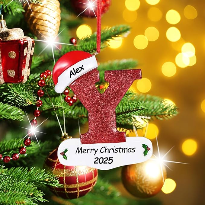 Personalized 26 Letters Ornaments for Christmas Tree 2025, Custom Christmas Ornament with Family Member's Names 3D Resin Xmas Hanging Pendant Original Gifts for Family Friends(Y)