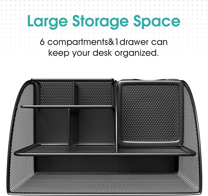 MaxGear Office Desk Organizer - 6 Compartment Pen Holder & Drawer, Metal Mesh Desktop Organizer with Non-Slip EVA Pad, Black Desk Caddy, 8.7" x 5.5" x 5"