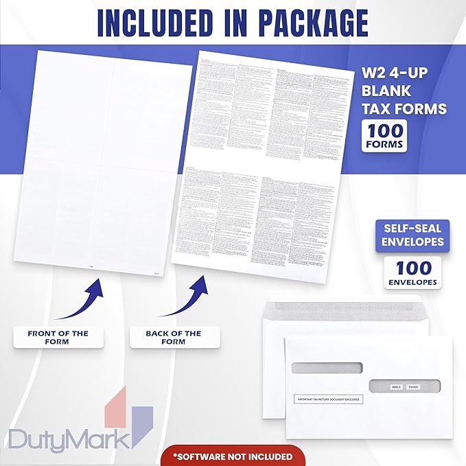 W2 Forms 2025 with Envelopes, Blank W2 4 UP Tax Forms, Compatible with QuickBooks, Sage and other programs, Ideal for E-Filing, Laser or Inkjet Printers, 100 Sheets and 100 Self Seal Envelopes