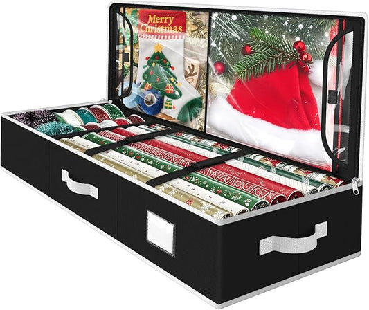 Wrapping Paper Organizer Storage, Christmas Wrapping Paper Storage for Christmas Decorations, Ribbon, Accessories, Underbed Gift Wrap Container with Flexible Partition, Interior Pockets(Black)