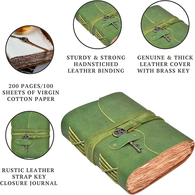 LEATHER VILLAGE Vintage Leather Journal – 200 Handmade Vintage Deckle Edge Paper – Leather bound Journal For Women Men – Vintage Key Closure - Book of Shadows - Green - 13X8 inches
