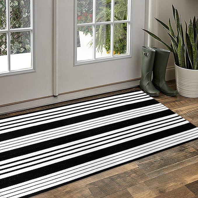 OJIA Cotton Black and White Striped Rug 2x4 Hand-Woven Indoor/Outdoor Area Rug Layered Door Mats for Front Porch/Entryway/Laundry Room/Bedroom/Outdoor