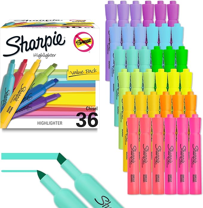 Sharpie Tank Highlighters, Chisel Tip, 12 Assorted Fashion Colors, Value Pack, 36 Count - For Studying, Note-Taking, School, College, Office, Student & Teacher Supplies