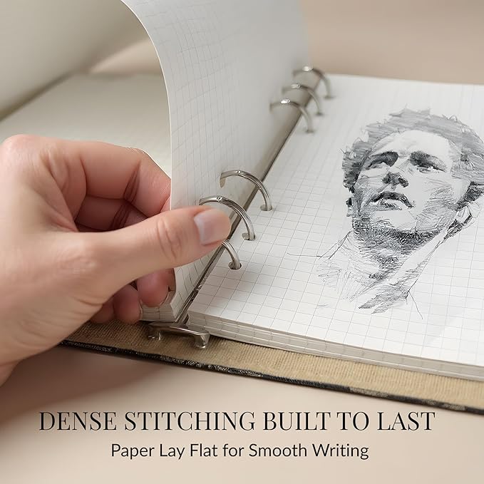 Luxury Refillable Notebook with Grid Pages, Loose Leaf Hardcover 6-Ring Planner, Shimmering Black & Gold Embroidered Butterfly Journal for Study, Work, or Gifts (A6)