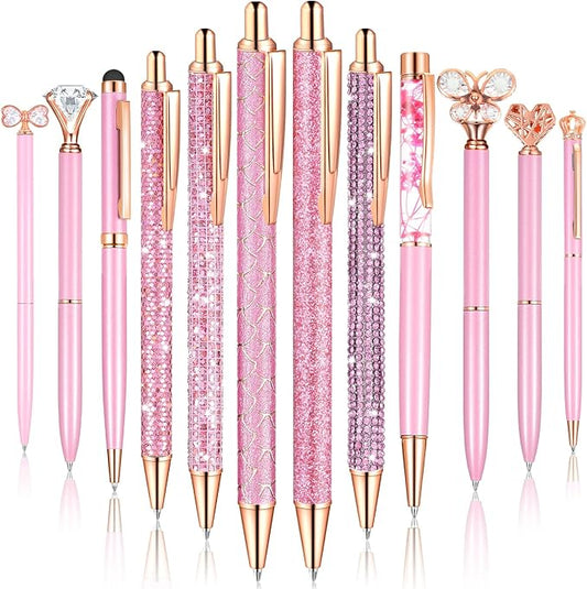 12 Pcs Diamond Pens Metal Liquid Sand Glitter Cute Ballpoint Pen Set Girly Crystal Pen Women Ballpoint Pen Black Ink Ball Point Pen Gift for Women Office Supplies School Wedding Party Desk (Pink)