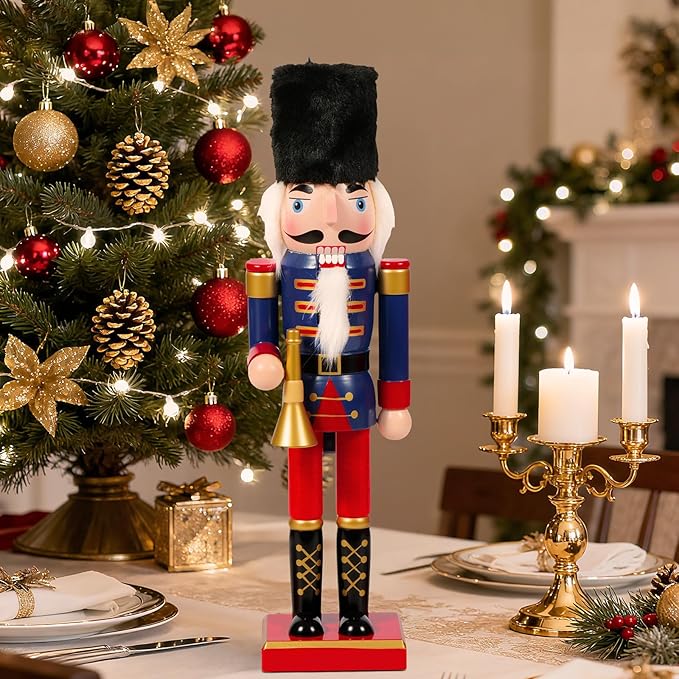 Nutcracker Christmas Decor, 14" Wooden Nutcracker Soldier Christmas Decoration Home Mantle Table Fireplace Christmas Ornaments for Festival Party(14" Black Fur Hat Horn Nutcracker)