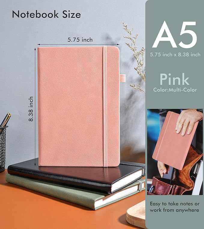 Lined Journal Notebook for Men Women, 200 Numbered Pages Leather Hardcover Journal with Pen, A5 Journaling Notebooks, Thick Paper College Ruled Journals for Writing Work Business 5.75'' X 8.38'' Pink