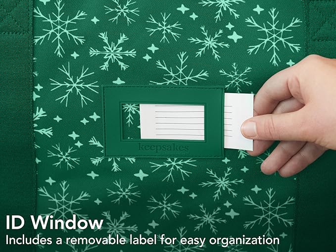 Covermates Keepsakes Rolling Christmas Light Storage Bag - Carrying Handles, ID Window, Dual Wheels - Holiday Storage, Green Snowflake