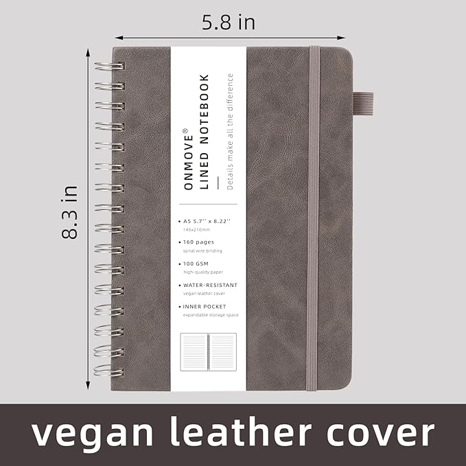 Lined Spiral Notebook Journal for Women Men 160 Pages A5 College Ruled Hardcover Leather with Pen Holder Notebook Journals for Note Taking Work Gray
