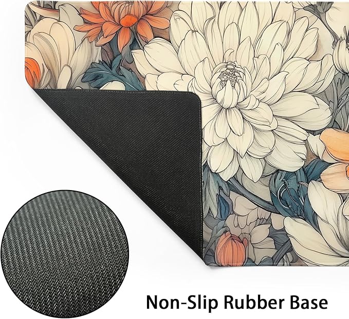 Minimalist Floral Gaming Mouse Pad XXL White Orange Aesthetic Flowers Japanese Extended Large Mat Mousepad Non-Slip Rubber Base Stitched Edge Keyboard Pad Playmat for Computer,35.4×15.7 Inch