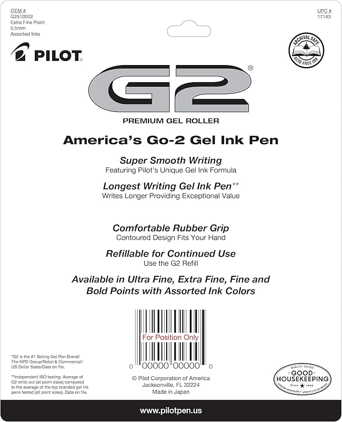 PILOT G2 Pens 0.5 mm - 20 Pack of 5 Blue and 5 Black Pens Ballpoint Extra Fine Point, Refillable & Retractable