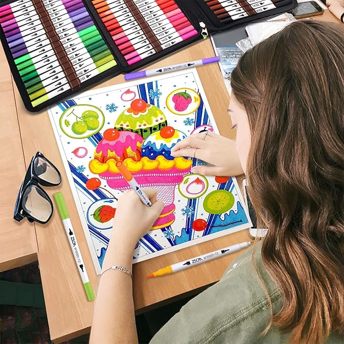 ZSCM 72 Colors Markers for Adult Coloring Books No Bleeding - Dual-Tip Art Markers, Fine & Brush Tip Coloring Pen for Adult Calligraphy, Drawing, Sketch Art & Creative Journaling
