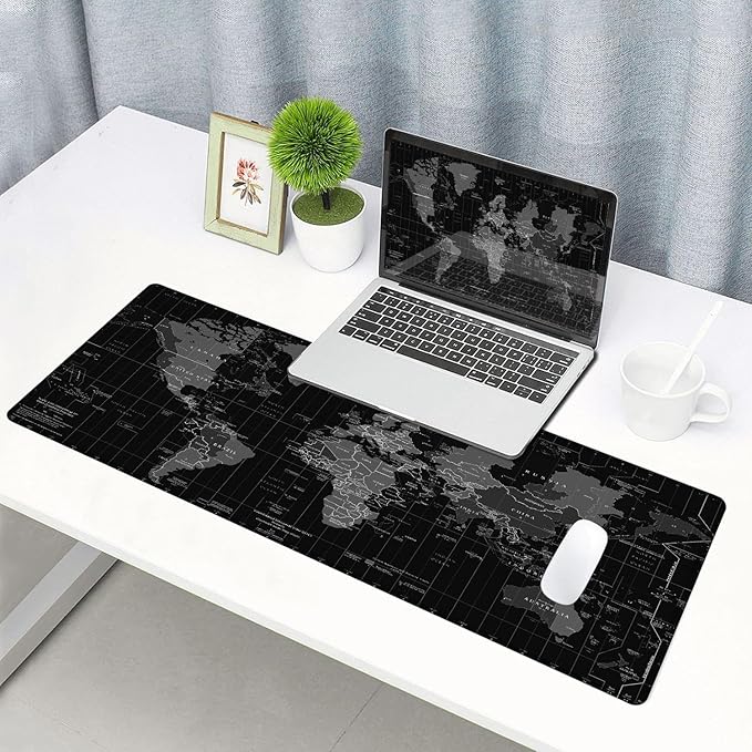 Large Gaming Mouse Pad with Stitched Edges, Desk Mat Extended Keyboard Pad, Non-Slip Rubber Base Desk Pad for Laptop, Office, Home, 31.5X11.8 inch Black World Map