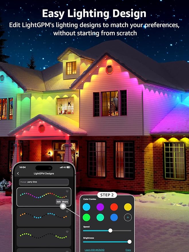 Lepro E1 AI Permanent Outdoor Lights APP Control, 150ft 90 LED Smart RGB+IC+Warm/Cool White House Eave Lights for Halloween Christmas, Alexa Google Enabled 2.4 GHz WiFi/Bluetooth, NO Remote Controller