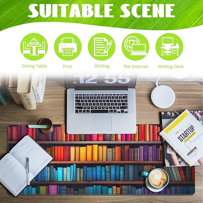 Large Gaming Mouse Pad for Desk,Bookshelves Full of Books Desk Mat,Colorful Books Desk Pad,Extended Big Computer Keyboard Mouse Pad with Non-Slip Base and Stitched Edge,31.5"x11.8"