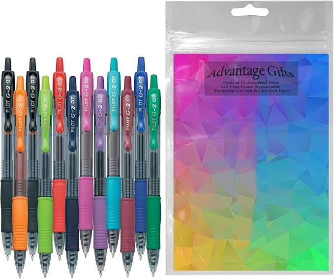 G2 Retractable Premium Gel Ink Roller Ball Pens Fine Point Fine Point (.7mm) Assorted Ink 12-pk; Refillable & Premium Comfort Grip Bundle with Plastic Reusable Pouch